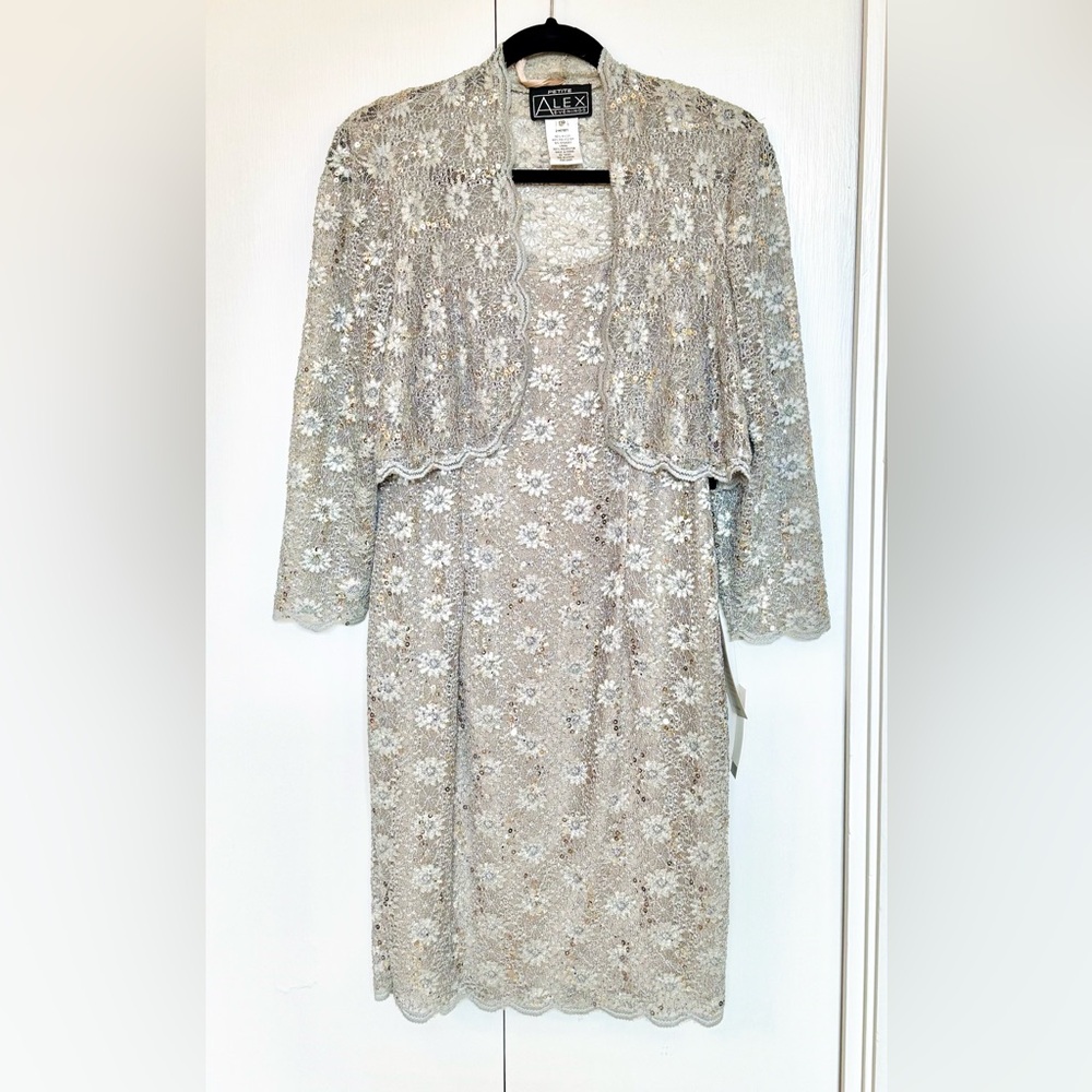 Alex Evenings Silver Lace Dress with Jacket